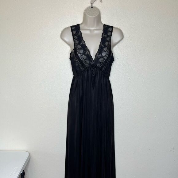 Vintage Texsheen Black Lace Nylon Long Nightgown Peignoir Chemise Women Small - Picture 13 of 14